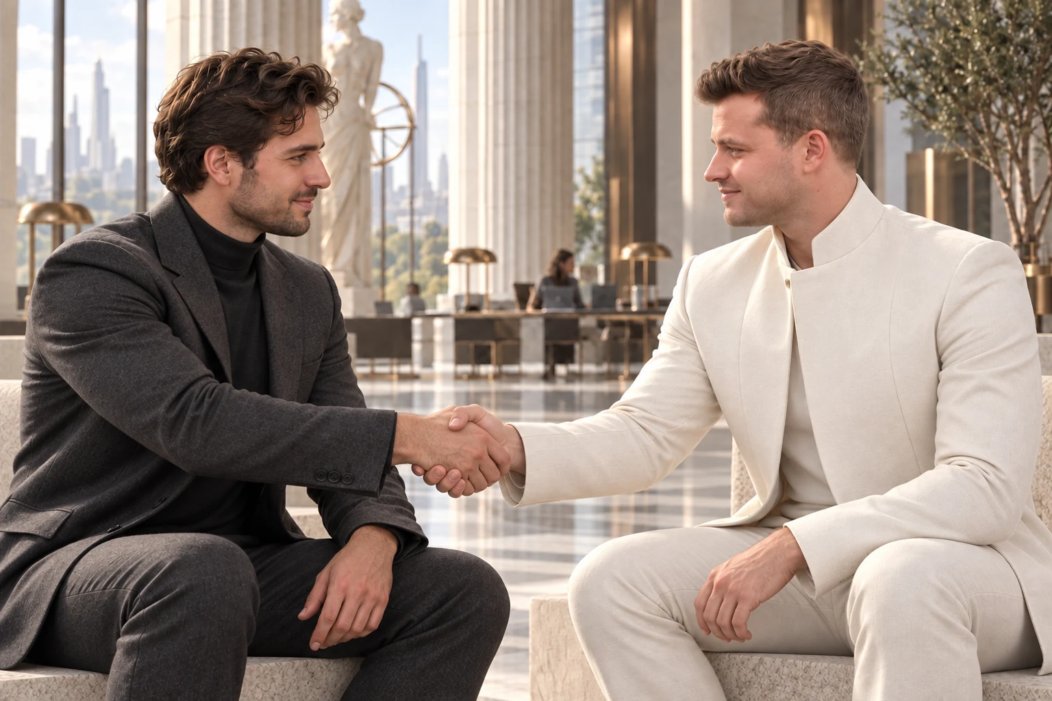 AI-assisted illustration of Ori and a collaborator shaking hands in a Greco-futurist workspace